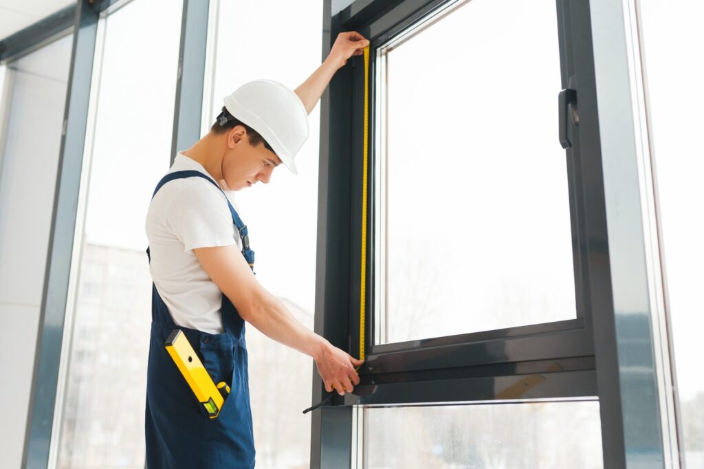 Professional handyman installing window at home.